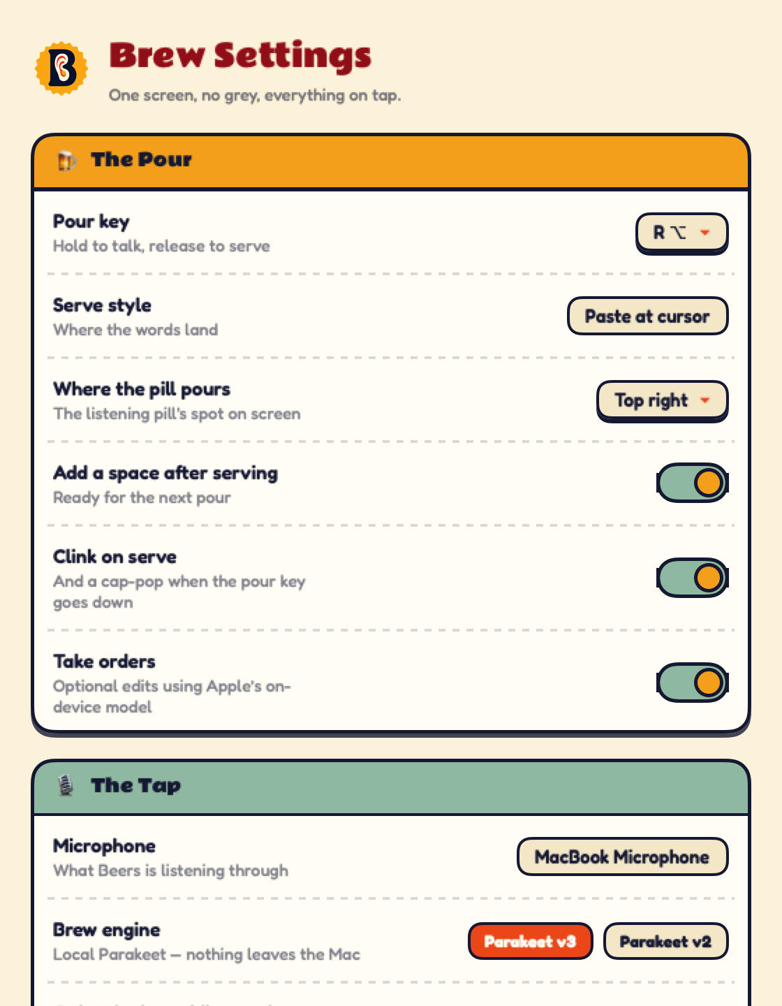 Brew Settings — pour key, paste behaviour, sounds and local rewrite engine