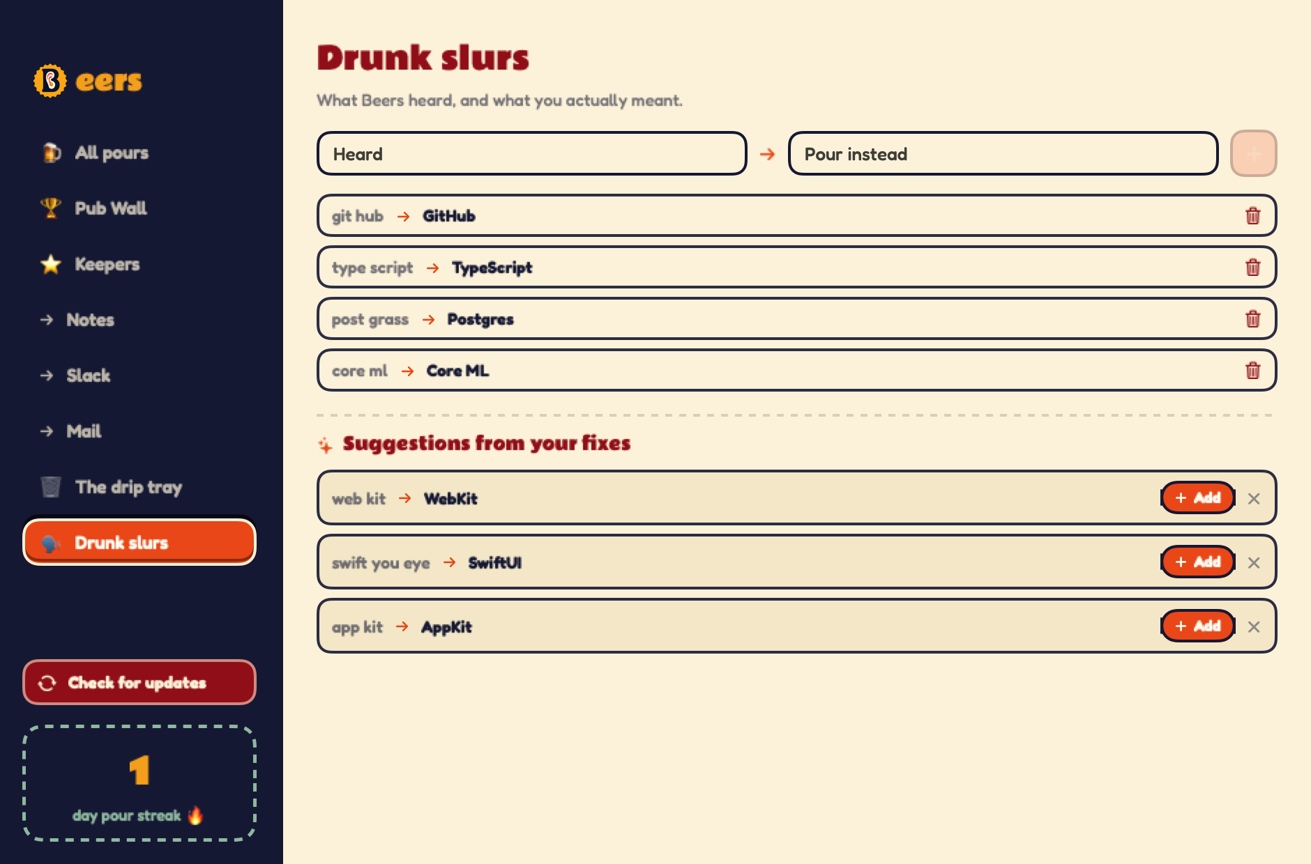 Drunk Slurs — private vocabulary and correction suggestions