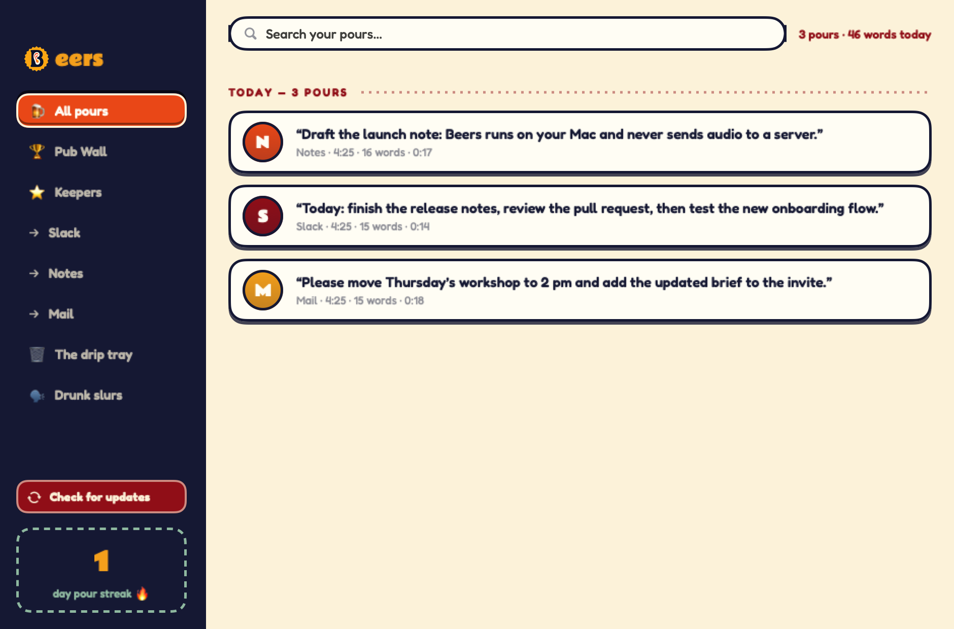 The Beers Taproom — searchable dictation history, pints and recent pours